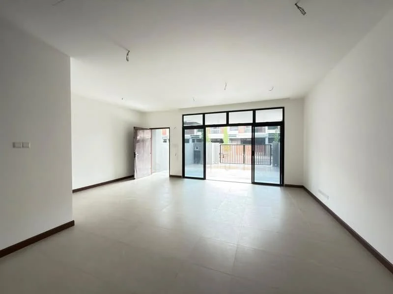 Living features: white painted walls, tile flooring, large floor-to-ceiling windows, sliding glass door, natural light, recessed lighting, open layout, neutral color scheme; style: modern; view: garden.