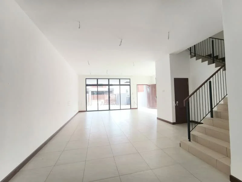 Room features: white painted walls, tile flooring, large floor-to-ceiling windows, staircase with metal railing, open layout, natural light, neutral color scheme, high ceiling, recessed lighting; style: modern; view: garden.