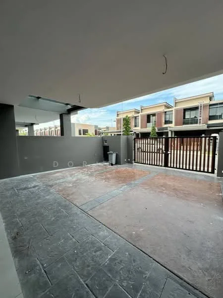 Exterior type: linked terrace house; features: concrete flooring, grey painted walls, fenced area, gated entry, manicured landscaping, adjacent houses visible, overhead lighting, outdoor space, driveway, paved walkway; style: modern.