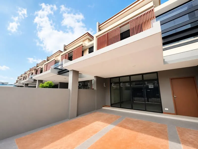 Exterior type: linked terrace house; features: two-storey building, grey painted facade, wooden slatted balcony screens, large glass windows, concrete flooring, manicured landscaping, open-air parking area, front porch, modern architectural design; style: modern.
