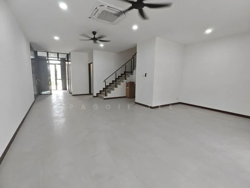 Living features: light grey tile flooring, white painted walls, recessed LED downlights, 2-blade ceiling fan, wall-mounted air conditioning unit, large glass door leading outside, staircase with wooden handrail, open layout, corner windows, no visible furniture; style: modern.
