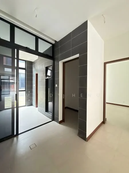 Room features: glass door, grey tiled wall, white painted walls, light-colored flooring, recessed ceiling lights, corner wall with no visible features, open layout, large windows, doorway leading to another room; style: modern; view: garden.