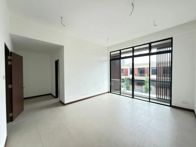 Room features: white painted walls, light-colored tile flooring, floor-to-ceiling windows, sliding glass door, window treatments with horizontal slats, ceiling with exposed wiring, neutral color palette, open layout; style: modern; view: garden.