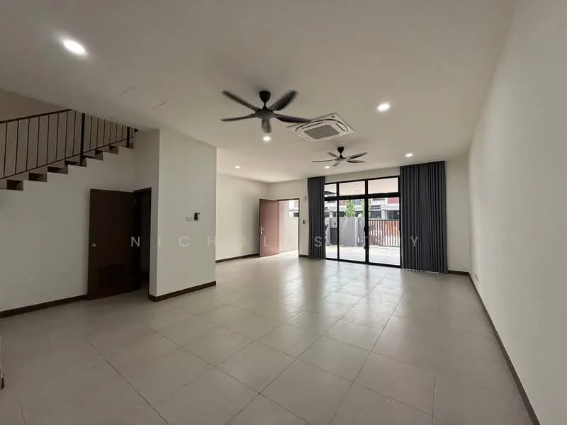 Living features: large floor-to-ceiling sliding glass doors, 2 ceiling fans, recessed downlights, cream painted walls, light grey tile flooring, open layout, window treatments with sheer curtains, air conditioning unit; style: modern; view: garden. Room features: staircase with wooden railing, white walls, natural light from windows.