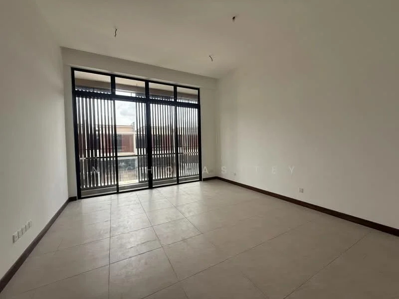 Room features: large floor-to-ceiling windows, sliding glass door, white painted walls, light beige tile flooring, recessed downlights, black vertical blinds, neutral color scheme, open layout; style: modern.