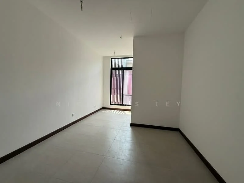 Room features: white painted walls, tile flooring, large window with vertical bars, natural light from window, no visible furniture, neutral color scheme, high ceiling, minimalist design; style: modern.