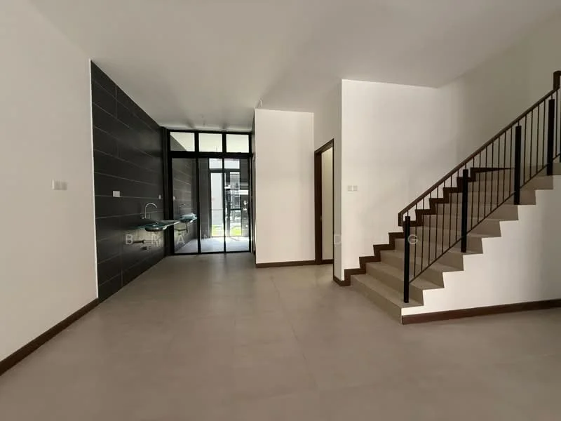 Living features: white painted walls, grey tiled flooring, staircase with wooden handrail, large glass windows, open layout, recessed lighting, doorway leading to outdoor area; style: modern; view: garden. Kitchen features: grey tiled flooring, wall-mounted sink, black tiled accent wall, open layout to living area; style: modern; view: garden.