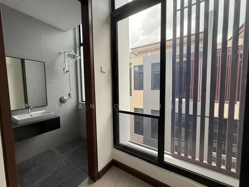 Bathroom features: wall-mounted sink, chrome basin mixer faucet, mirror above sink, shower with glass partition, handheld shower, grey tile flooring, grey wall tiles, white painted walls, window with black metal grille, natural light from window; style: modern; view: courtyard.
