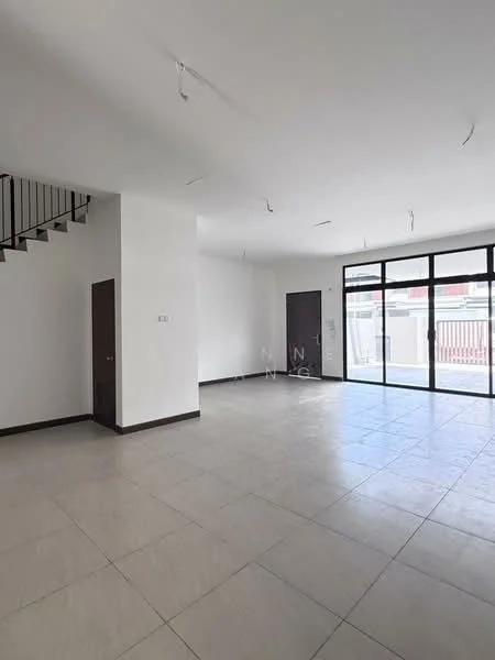 Room features: white painted walls, tile flooring, large floor-to-ceiling windows, staircase with metal railing, open layout, natural light, no visible furniture, neutral color scheme; style: modern.