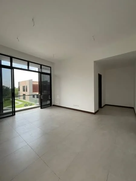 Room features: white painted walls, grey tiled flooring, floor-to-ceiling windows, black sliding door, natural light from windows, minimalist ceiling with hanging lights, open layout, view of outdoor space; style: modern; view: garden.