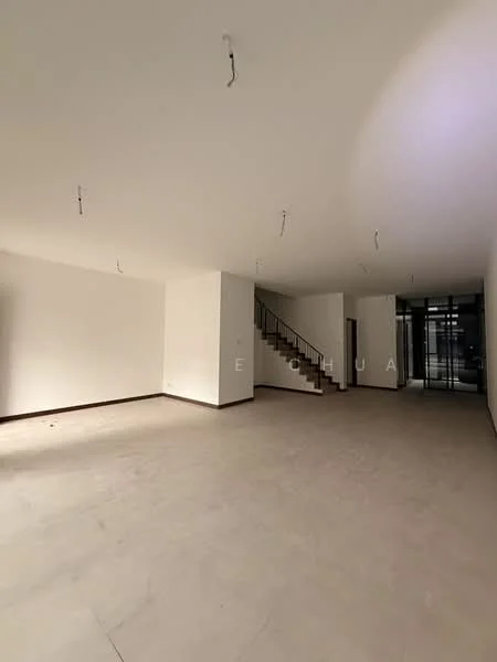 Room features: white painted walls, neutral tile flooring, staircase with wooden steps, large glass windows, open layout, recessed ceiling lights, no visible furniture, high ceiling; style: modern.