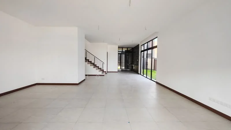Living features: white painted walls, tile flooring, large floor-to-ceiling windows, sliding glass door, staircase with wooden steps, neutral color scheme, high ceiling, natural light from windows; style: modern; view: garden.