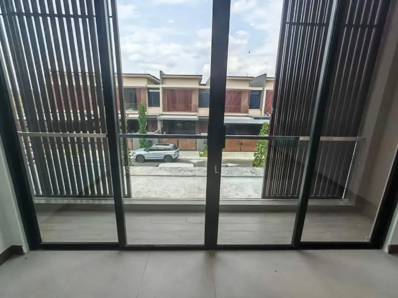 Room features: floor-to-ceiling sliding glass doors, black metal frame, horizontal slatted window treatments, light-colored tiled flooring, view of street, visible car parked outside, natural light from outside, neutral wall color; style: modern; view: street.