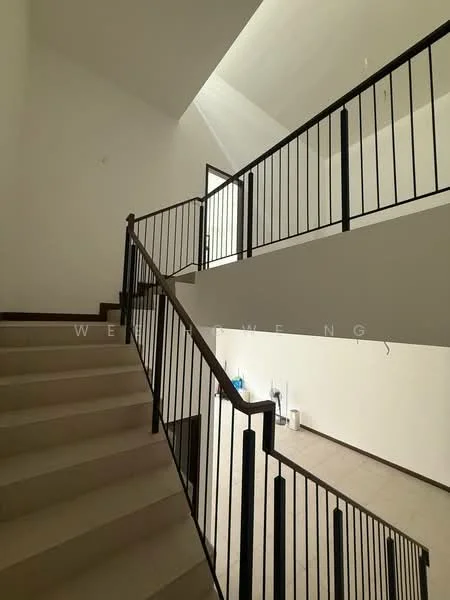 Room features: staircase with wooden handrail, metal railing, white painted walls, natural light from skylight, light-colored flooring, open space, high ceiling, neutral color palette; style: modern.