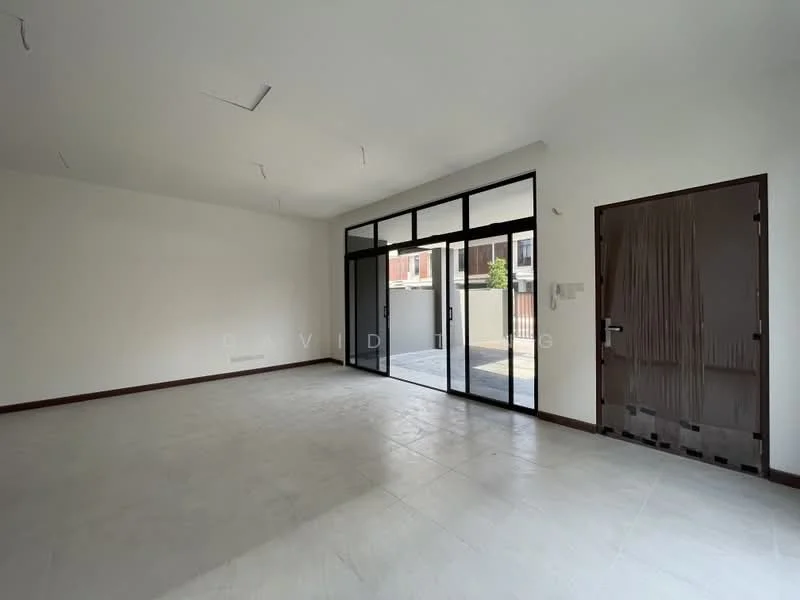 Room features: white painted walls, grey tile flooring, large floor-to-ceiling windows, sliding glass door, brown wooden door, recessed ceiling lights, no visible furniture, open layout; style: modern; view: garden.
