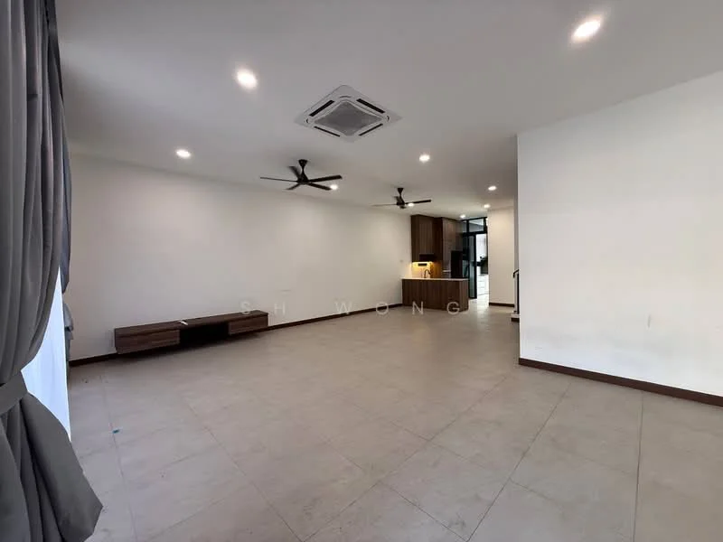 Living features: white painted walls, grey tiled flooring, 5-blade ceiling fan with light, 5-blade ceiling fan with light, recessed downlights, built-in cabinetry, open layout, large windows, sliding glass door; style: modern.