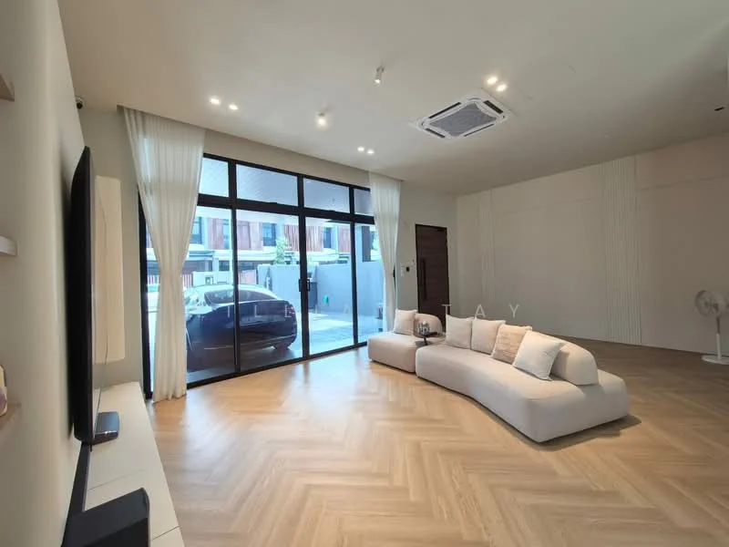 Living features: light wood herringbone flooring, white painted walls, floor-to-ceiling windows, sheer curtains, 3-seater fabric sofa in white, wall-mounted TV, TV console, recessed downlights, ceiling-mounted air conditioning unit, decorative wall paneling, area rug; style: modern; view: garden.