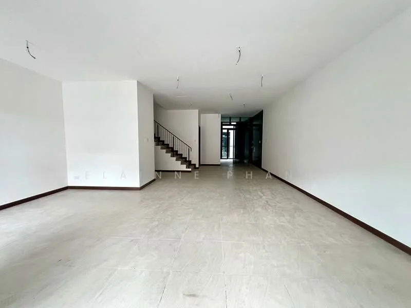 Room features: white painted walls, light-colored tile flooring, staircase with wooden railing, recessed downlights, large open space, no visible furniture, neutral color scheme, high ceiling; style: modern.