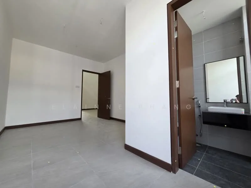 Room features: grey tiled flooring, white painted walls, brown wooden door, mirror above sink, wall-mounted sink, black countertop, recessed ceiling lights, no visible windows; style: modern.