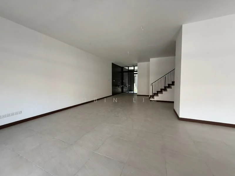 Room features: white painted walls, tile flooring, large windows, staircase, open layout, neutral color scheme, high ceiling, no visible furniture; style: modern.