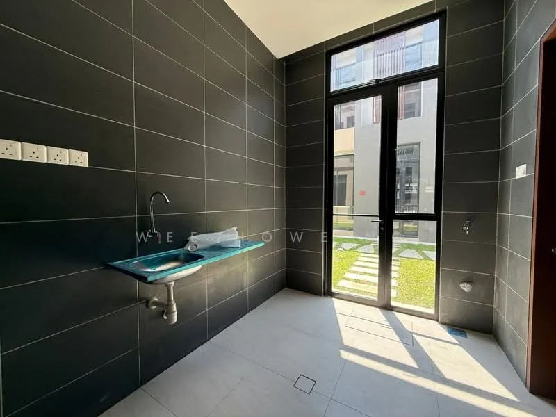 Laundry features: black tiled walls, light grey tile flooring, single-bowl stainless-steel sink, chrome faucet, large window for natural light, glass countertop, outdoor view, two electrical outlets, floor drain; style: modern; view: garden.