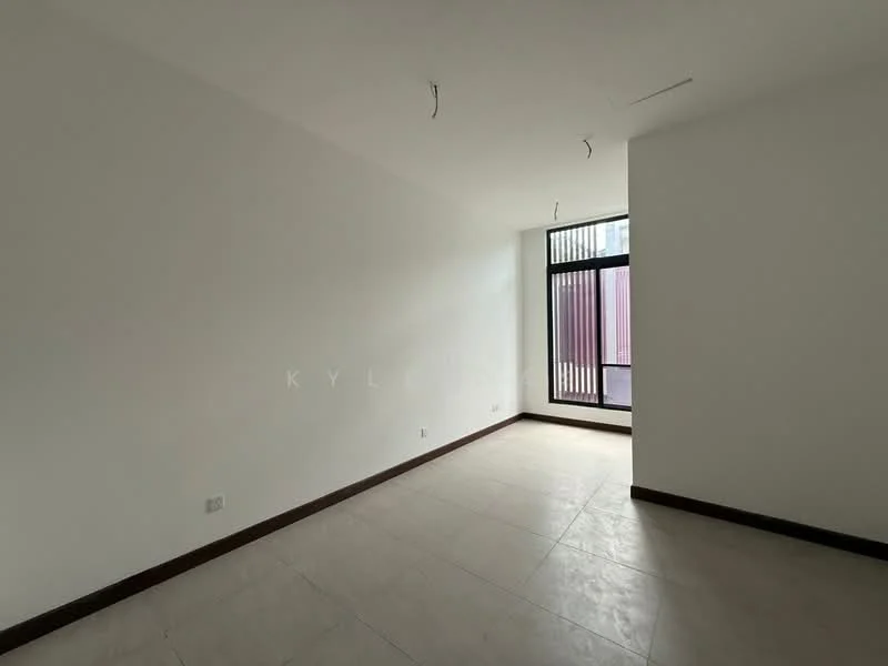 Room features: white painted walls, tile flooring, large window with vertical bars, no visible ceiling fixtures, neutral color scheme, corner location, minimalist design, natural light from window; style: minimalist.