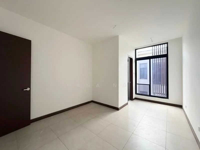 Room features: white painted walls, tile flooring, large window with vertical bars, door with modern handle, neutral color scheme, corner room layout, no visible furniture, natural light from window; style: modern.