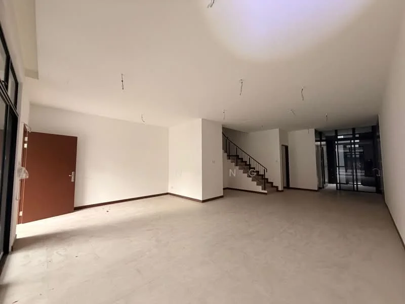 Room features: white painted walls, concrete flooring, staircase with wooden steps, large windows, glass door, recessed lighting, open layout, no visible furniture; style: modern.