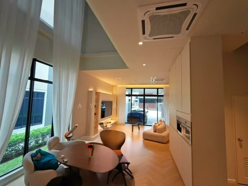 Living features: large floor-to-ceiling windows, white painted walls, wooden flooring, recessed downlights, ceiling-mounted air conditioning unit, light-colored sofa, round dining table, decorative wall-mounted TV, side table, blue accent cushion, greenery visible outside; style: modern; view: garden.