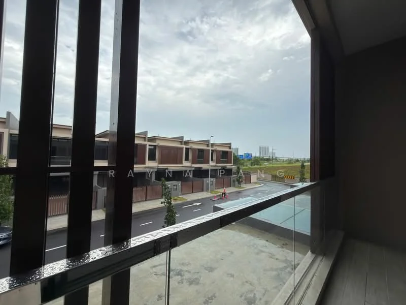 Room features: glass railing, wooden window frames, view of street, view of neighboring houses, concrete flooring, overcast sky; style: modern; view: street.
