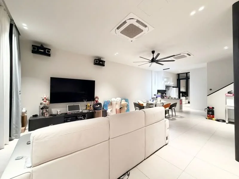 Living features: white leather sofa, wall-mounted TV, coffee table, 5-blade ceiling fan with light, recessed downlights, grey curtains, tile flooring, decorative items on shelves, open layout to kitchen, AC unit, wall speakers; style: modern. Kitchen features: kitchen island, dining table, stainless-steel appliances, cabinetry, open layout to living area; style: modern.