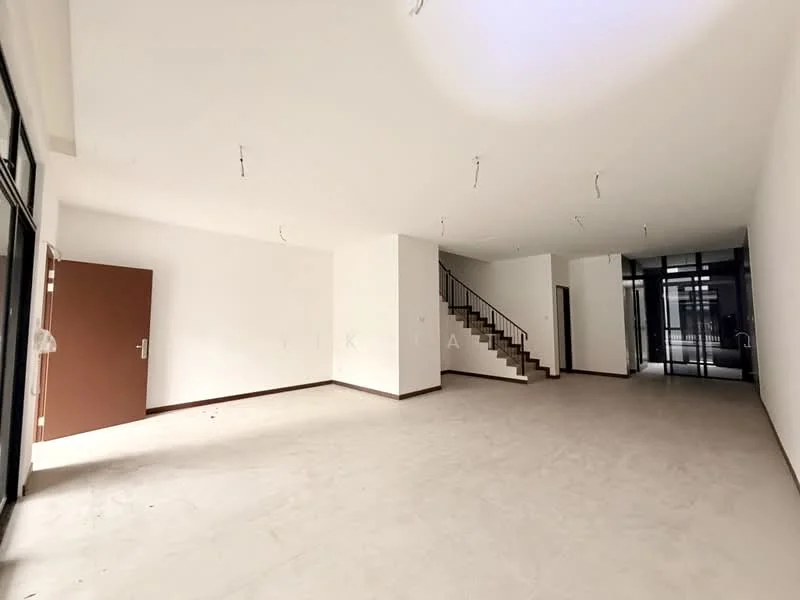 Room features: white painted walls, concrete flooring, staircase with metal railing, large windows, double-door entrance, recessed lighting, open layout, high ceiling; style: modern.