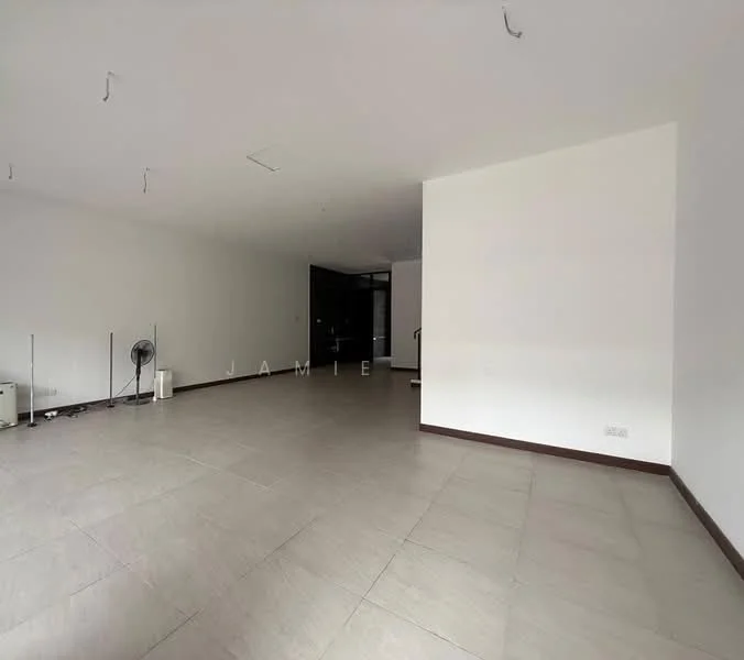 Room features: white painted walls, tile flooring, ceiling with recessed lighting, 1 wall-mounted split AC, open layout, large windows, neutral color scheme, no visible furniture; style: modern.