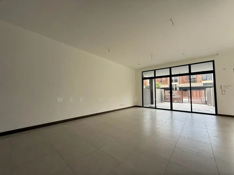 Living features: white painted walls, tile flooring, floor-to-ceiling windows, sliding glass door, natural light, neutral color scheme, minimalist design, open layout; style: modern; view: garden.