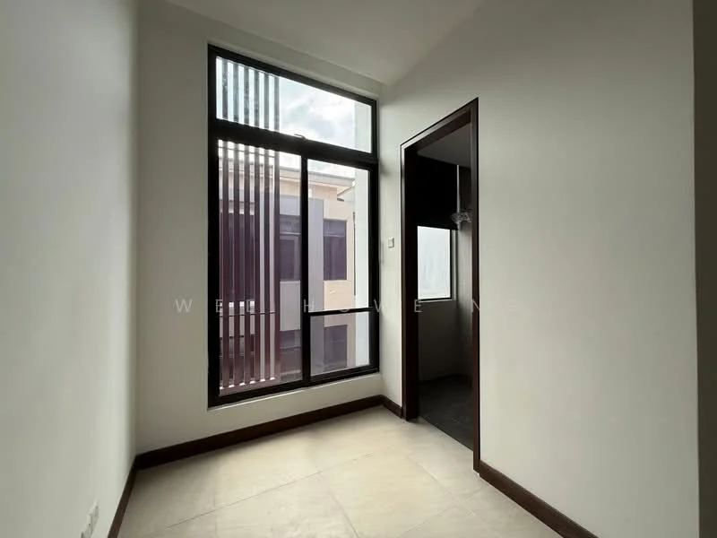 Room features: large floor-to-ceiling window, white painted walls, light-colored tile flooring, dark wood door, natural light from window, corner room, minimalist design, no visible furniture; style: modern.