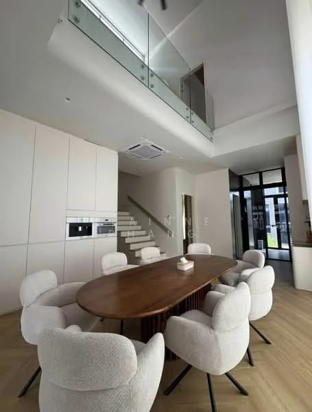 Dining features: oval wooden dining table, 8 upholstered dining chairs in cream, white painted walls, wooden flooring, recessed ceiling lights, 1 wall-mounted split AC, glass railing on upper level, large windows with natural light, open layout to living area; style: modern; view: garden.