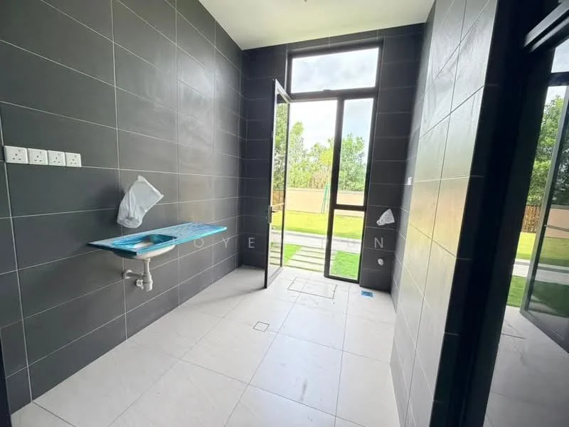 Laundry features: grey tiled walls, white tiled flooring, single-bowl sink, shelf above sink, large window for natural light, door leading outside, electrical outlets on wall, light fixture on ceiling; style: modern; view: garden.