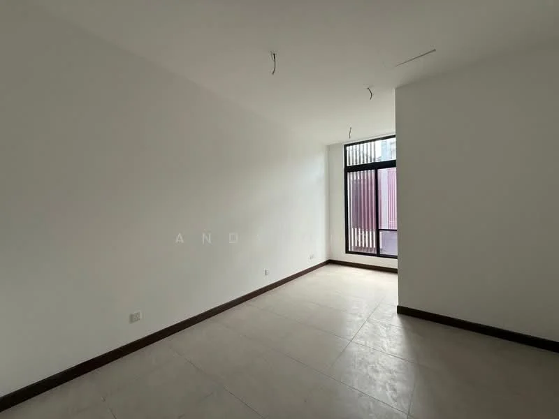 Room features: white painted walls, tile flooring, large window with vertical bars, natural light from window, no visible furniture, minimalist design, ceiling with exposed wiring, corner layout; style: minimalist.