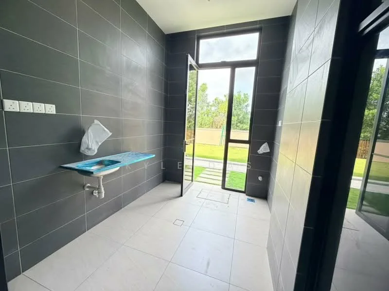 Laundry features: grey tiled walls, white tiled flooring, large window with garden view, single wall-mounted shelf, plumbing for sink, door leading to outdoor area, light fixture, multiple electrical outlets; style: modern; view: garden.