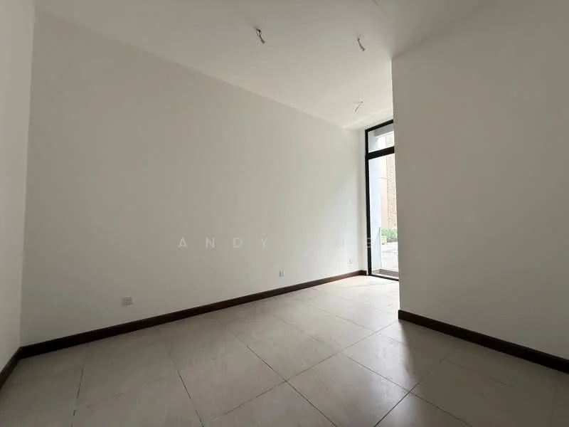 Room features: white painted walls, tile flooring, large floor-to-ceiling windows, natural light from window, minimalist design, no visible furniture, neutral color scheme, baseboards; style: modern; view: garden.