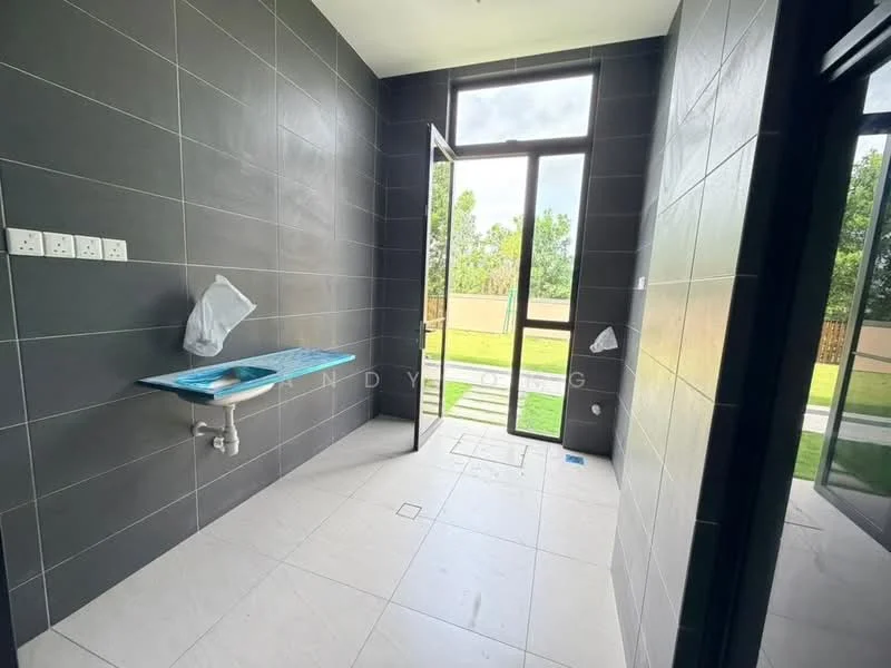 Laundry features: grey tiled walls, white tiled flooring, large window for natural light, sink with plumbing, shelf for storage, multiple electrical outlets, door leading outside, view of garden; style: modern; view: garden.