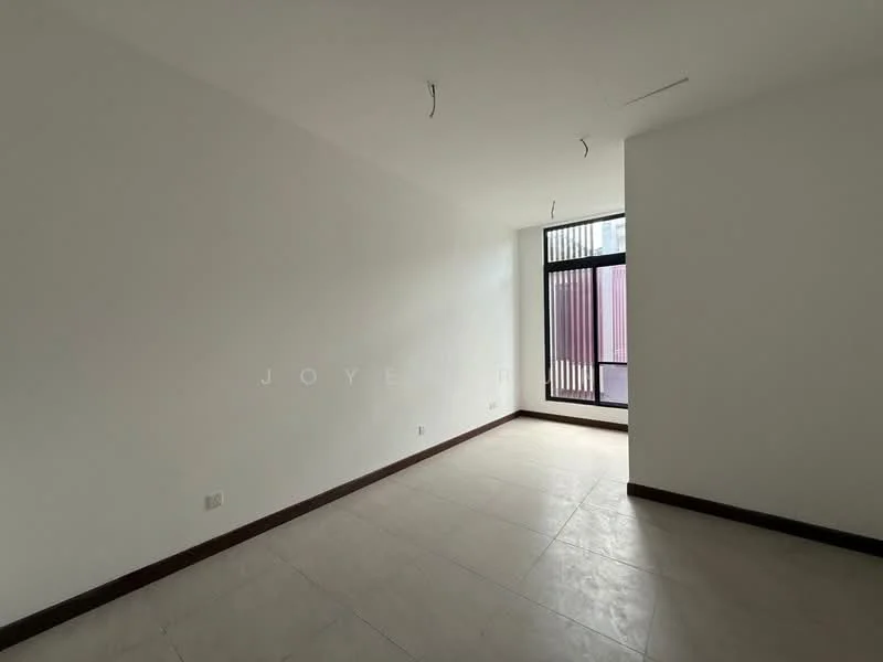 Room features: white painted walls, tile flooring, floor-to-ceiling windows, natural light from window, no visible furniture, minimalist design, light fixtures hanging from ceiling, dark wood trim around windows; style: modern.