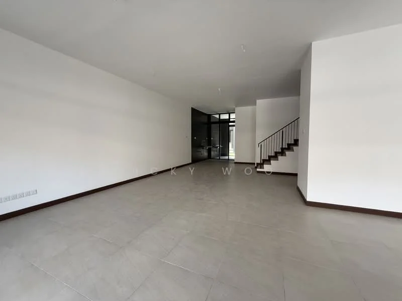 Room features: white painted walls, tile flooring, large windows, staircase, open layout, high ceiling, neutral color scheme, no visible furniture; style: modern.