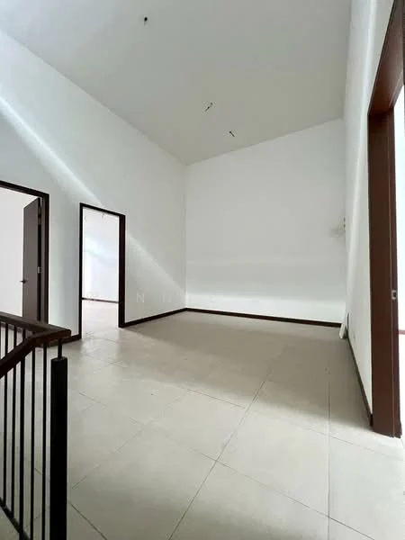 Room features: white painted walls, high ceiling, tile flooring, two doorways, large windows, neutral color scheme, no visible furniture, minimalist decor; style: modern.