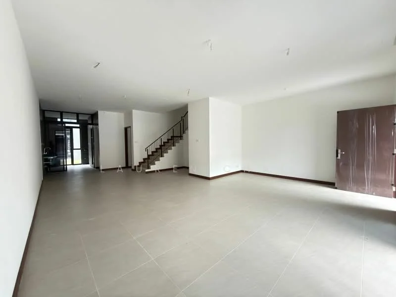 Room features: white painted walls, tile flooring, large windows, double-door entrance, staircase with wooden steps, recessed downlights, open layout, neutral color scheme; style: modern; view: garden.