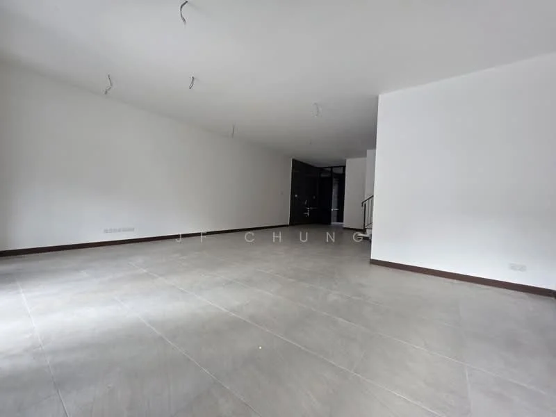 Room features: white painted walls, grey tile flooring, recessed downlights, open layout, large windows, no visible furniture, minimal decor, neutral color scheme; style: modern.