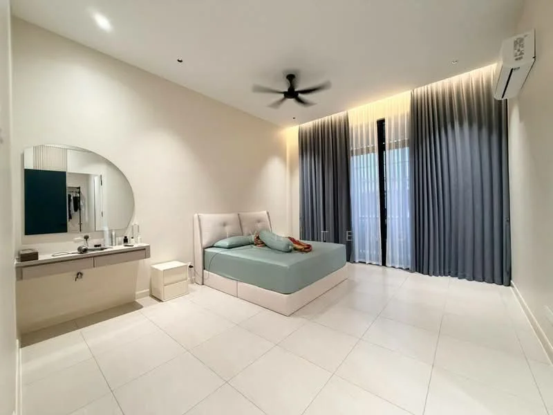 Bedroom features: king-size bed with upholstered headboard, bedside table, dressing table with mirror, floor-to-ceiling windows, sheer curtains, blackout curtains, 5-blade ceiling fan with light, wall-mounted air conditioning unit, light-colored tiled flooring, neutral painted walls, decorative throw pillow; style: modern.