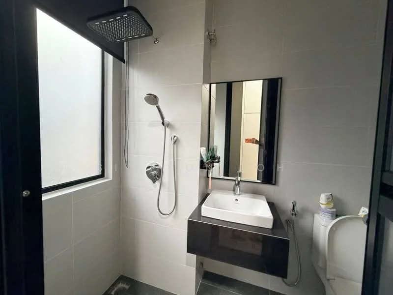 Bathroom features: walk-in shower with glass enclosure, rain shower head, handheld shower, single-sink vanity with dark wood cabinet, chrome basin mixer faucet, framed mirror, white tiled walls, dark stone flooring, toilet, window for natural light; style: modern.