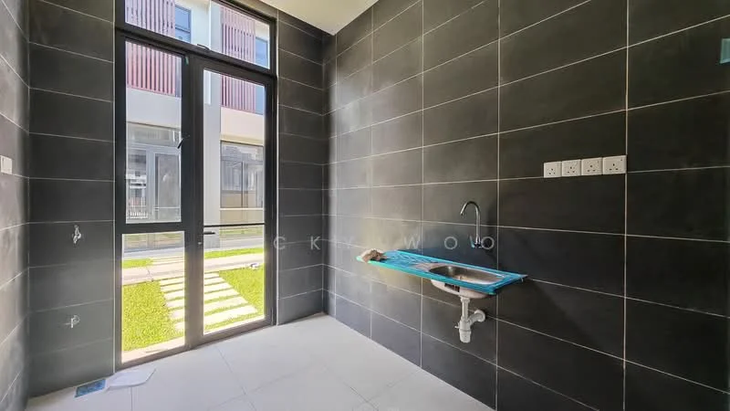 Laundry features: black tiled walls, white tiled flooring, single-bowl stainless-steel sink, chrome faucet, large window with view of garden, countertop with blue surface, electrical outlets on wall, door leading outside; style: modern; view: garden.