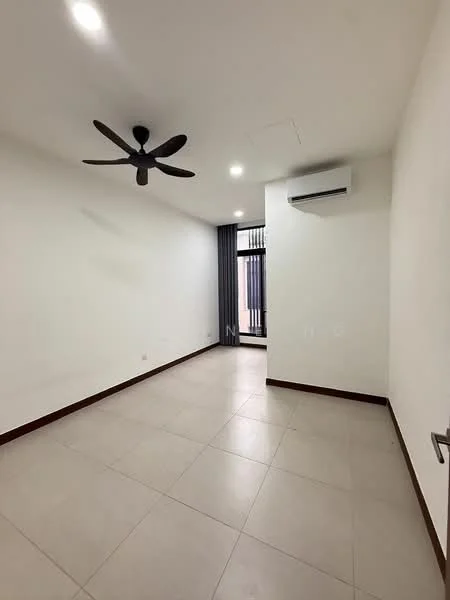 Room features: white painted walls, tile flooring, 5-blade ceiling fan, wall-mounted split AC, floor-to-ceiling windows, blackout curtains, light from window, neutral color scheme; style: modern.
